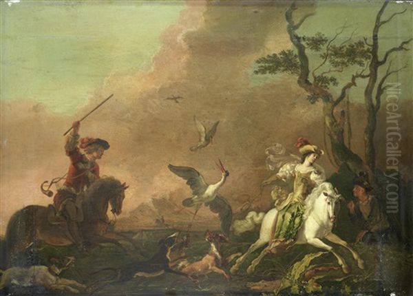 An Elegant Hawking Party Hunting Heron (+ An Elegant Hawking Party At Rest; Pair) Oil Painting by Abraham Danielsz Hondius