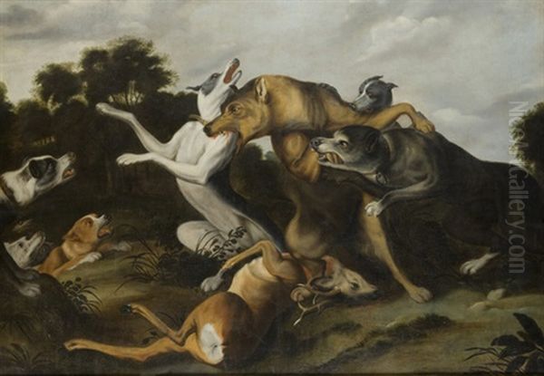 Scena Di Caccia Con Lupo Attaccato Da Cani (hunting Scene With A Wolf Assailed By Dogs) Oil Painting by Abraham Danielsz Hondius