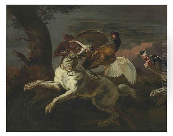 A Spaniel Attacking A Pheasant Oil Painting by Abraham Danielsz Hondius