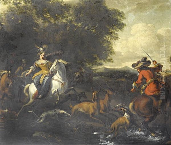 A Stag Hunt In A Wooded River Landscape Oil Painting by Abraham Danielsz Hondius