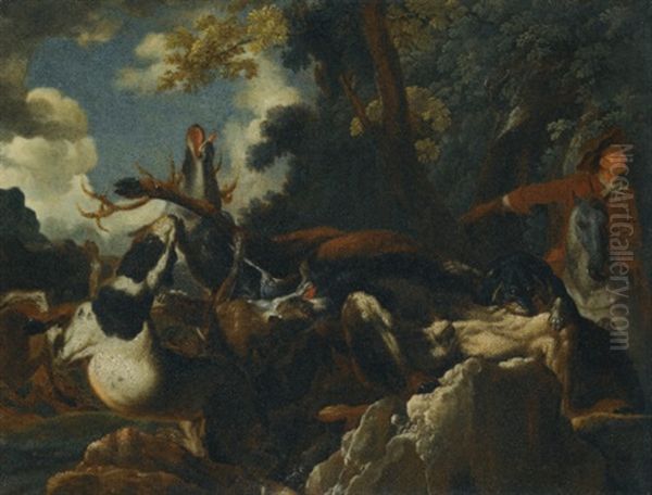 A Stag Hunt Oil Painting by Abraham Danielsz Hondius