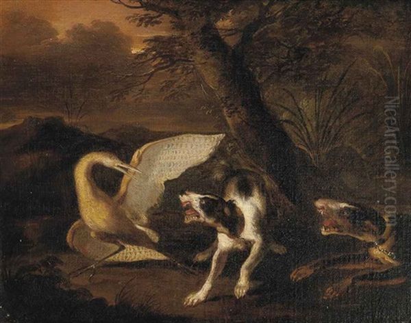 Hounds Attacking A Stork Oil Painting by Abraham Danielsz Hondius