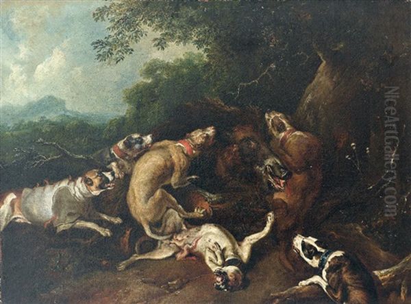 Hundemeute Stellt Einen Keiler Am Waldrand. Seitlich Blick In Abendliche Hugellandschaft Oil Painting by Abraham Danielsz Hondius