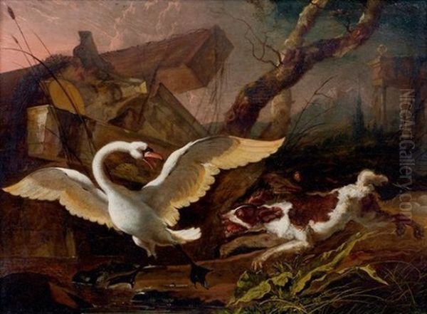 Chien Poursuivant Un Cygne Dans Un Paysage Oil Painting by Abraham Danielsz Hondius