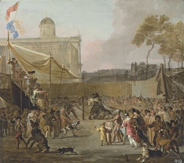 A Crowd Watching Bear-baiting In A Town Square Oil Painting by Abraham Danielsz Hondius