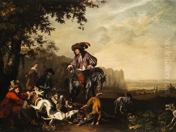 Hofischer Edelmann Zu Pferd Im Kreise Seiner Jagdgefahrten Bei Sichtung Der Jagdbeute Oil Painting by Abraham Danielsz Hondius