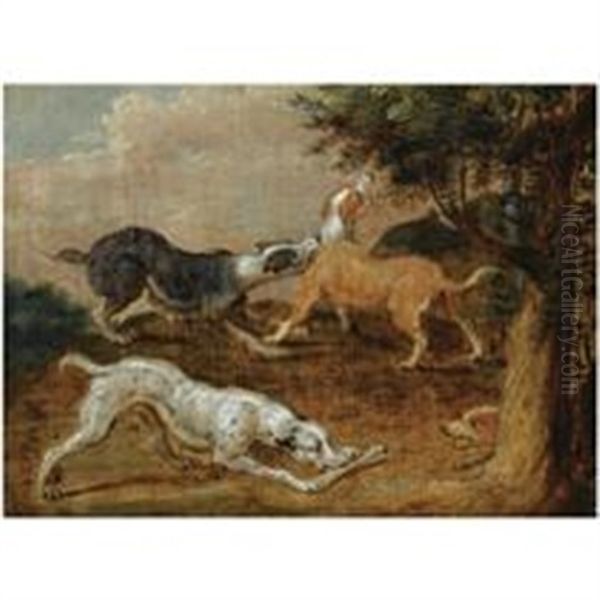 Four Hounds In A Wooded Landscape Oil Painting by Abraham Danielsz Hondius