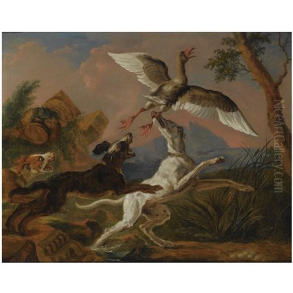 Three Hounds Chasing A Nesting Wild Goose In A Hilly Landscape Oil Painting by Abraham Danielsz Hondius