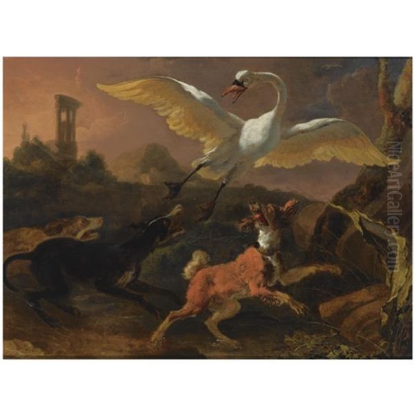 Three Hounds Chasing A Swan In A Landscape, A View Of A Ruin Beyond Oil Painting by Abraham Danielsz Hondius