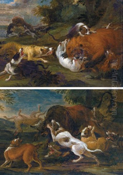 Hunde Einen Bullen Attackierend (+ Hunde Lowen Angreifend; Pair) Oil Painting by Abraham Danielsz Hondius