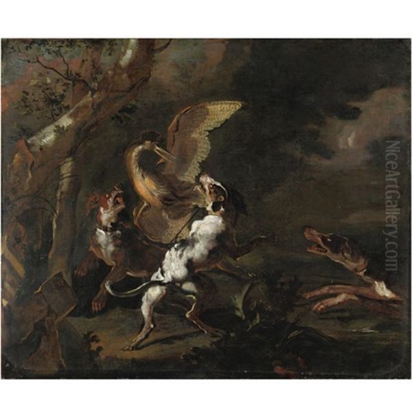 Scena Con Cani Che Cacciano Un Uccello Oil Painting by Abraham Danielsz Hondius