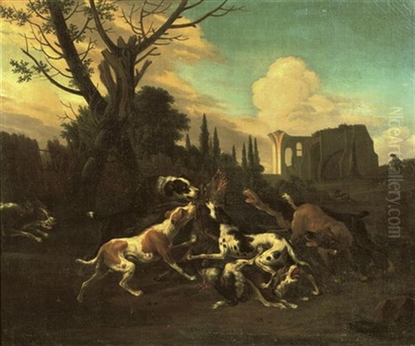 Hounds Attacking A Boar In A Wooded Landscape by Abraham Danielsz Hondius