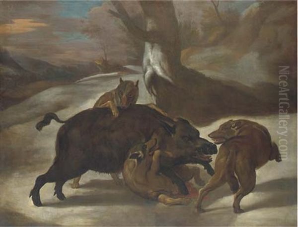 Wolves Attacking A Boar In A Wooded Landscape Oil Painting by Abraham Danielsz Hondius