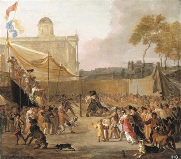 A Crowd Watching Bear-baiting In A Town Square Oil Painting by Abraham Danielsz Hondius