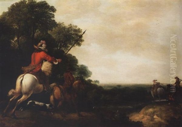 A Landscape With A Hunting Party By A Stream Oil Painting by Abraham Danielsz Hondius