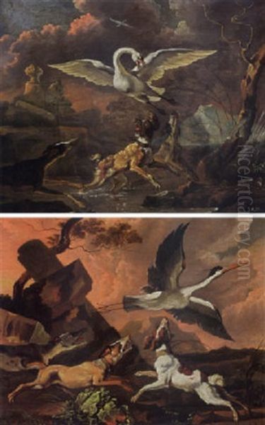 A Swan Being Chased From Her Nest By Three Hounds, In An Evening Landscape Oil Painting by Abraham Danielsz Hondius