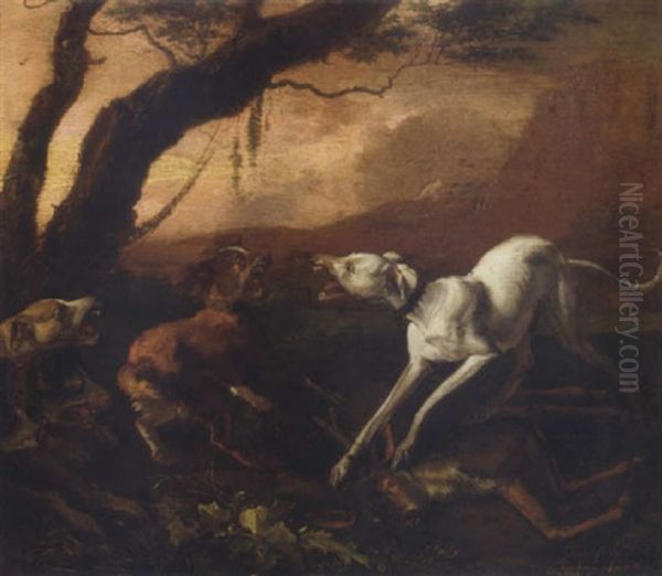 Dogs Fighting Over A Dead Stag In A Landscape Oil Painting by Abraham Danielsz Hondius