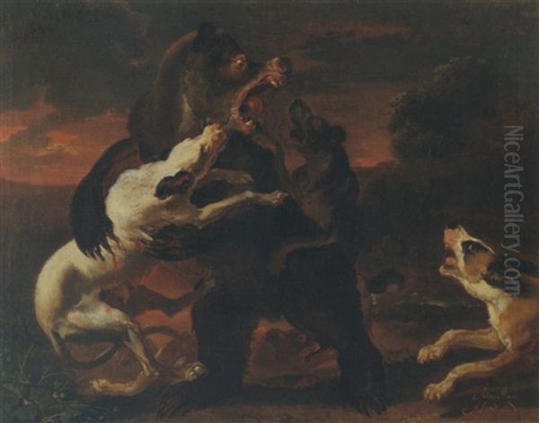 Hounds Attacking A Bear In A Landscape Oil Painting by Abraham Danielsz Hondius