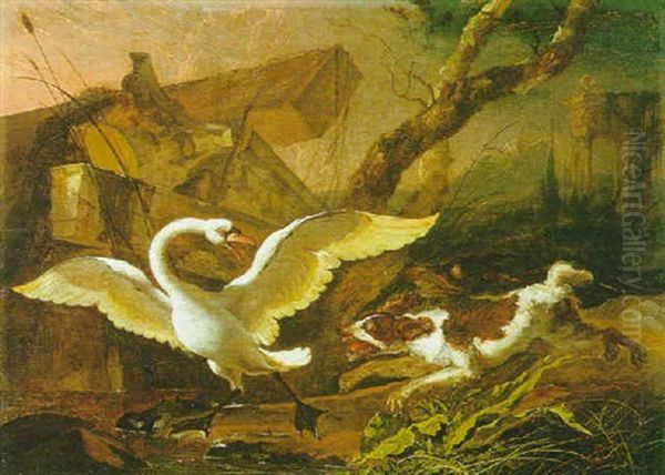 Chien Poursuivant Un Cygne Oil Painting by Abraham Danielsz Hondius