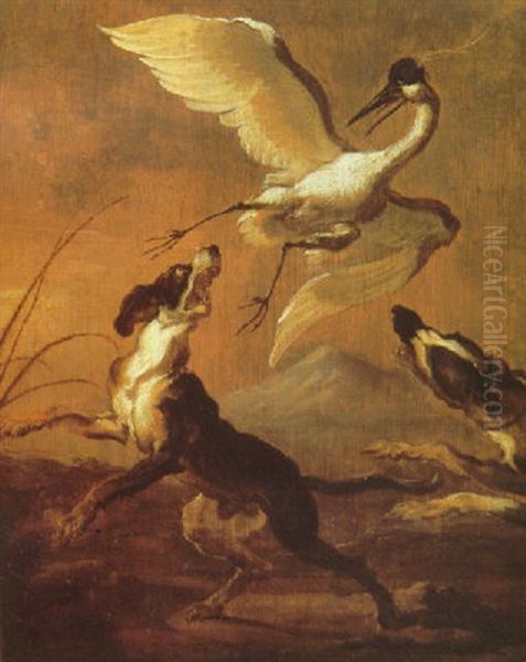 A Crane Chased By Two Dogs Oil Painting by Abraham Danielsz Hondius