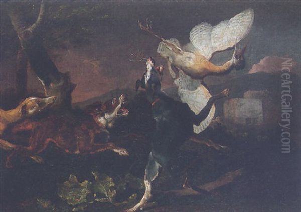 Hounds Attacking A Bittern In Flight Oil Painting by Abraham Danielsz Hondius