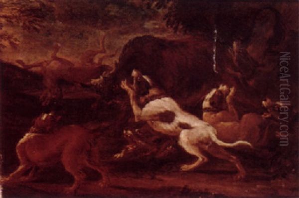 Hounds Attacking A Bull Oil Painting by Abraham Danielsz Hondius