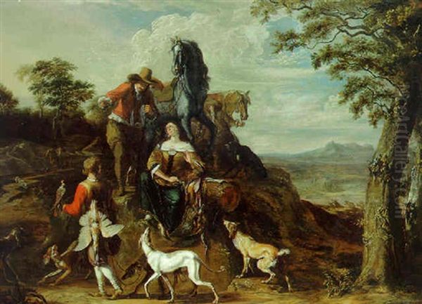 An Elegant Hunting Party In A Landcscape Oil Painting by Abraham Danielsz Hondius