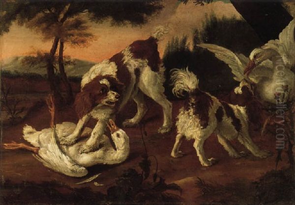 Perros De Agua Apresando A Dos Patos Oil Painting by Abraham Danielsz Hondius