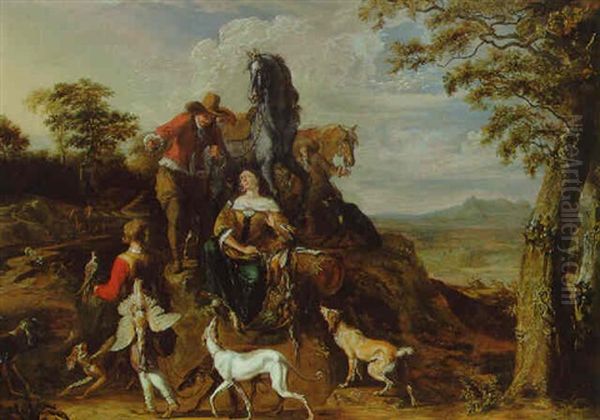 An Elegant Hunting Party In A Landscape Oil Painting by Abraham Danielsz Hondius