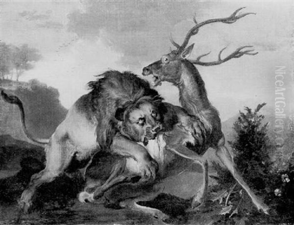 A Lion Bringing Down A Stag Oil Painting by Abraham Danielsz Hondius