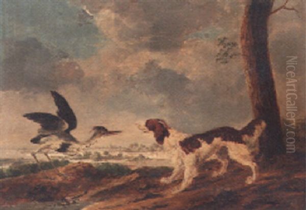 A Spaniel And A Heron In A Landscape Oil Painting by Abraham Danielsz Hondius