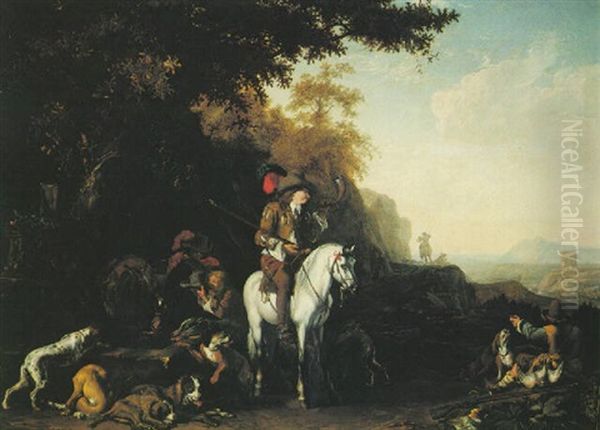 A Wooded Landscape With Huntsmen And Their Animals Resting At A Watering Place Oil Painting by Abraham Danielsz Hondius