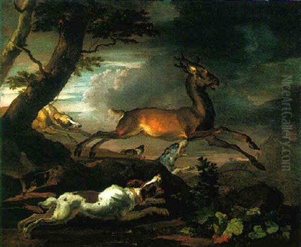 A Stag Hunt Oil Painting by Abraham Danielsz Hondius