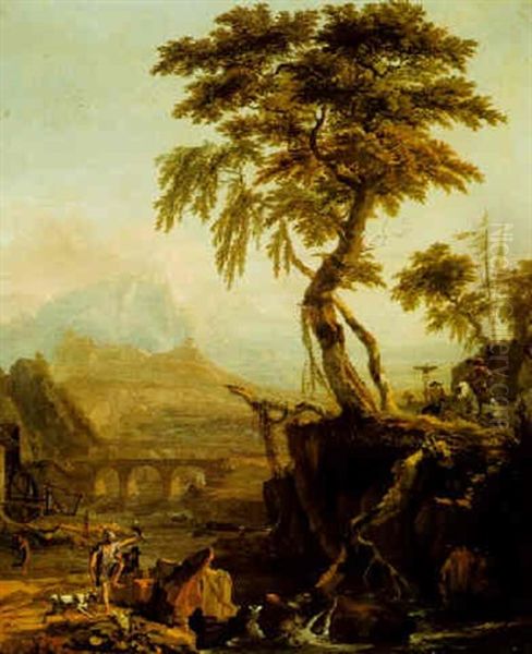 Landscape With A Fisherman And A Falconer Oil Painting by Abraham Danielsz Hondius