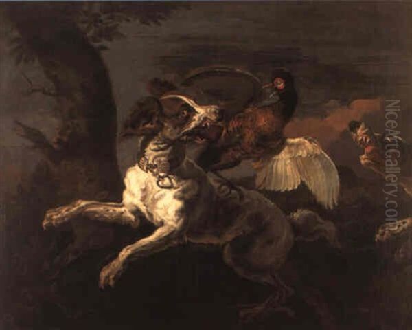 A Spaniel Attacking A Pheasant Oil Painting by Abraham Danielsz Hondius