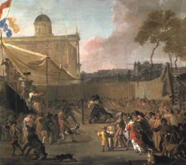 A Crowd Watching Bear-baiting In A Town Square Oil Painting by Abraham Danielsz Hondius