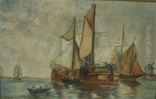 Sailing Ships In A Calm Oil Painting by A.T. Barnes