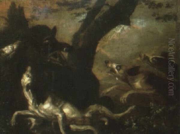 Dogs Attacking A Boar Oil Painting by Abraham Danielsz Hondius