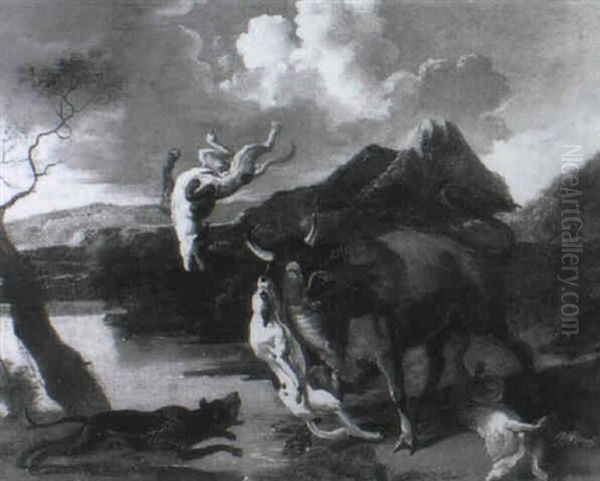 Hounds Attacking A Bull Oil Painting by Abraham Danielsz Hondius