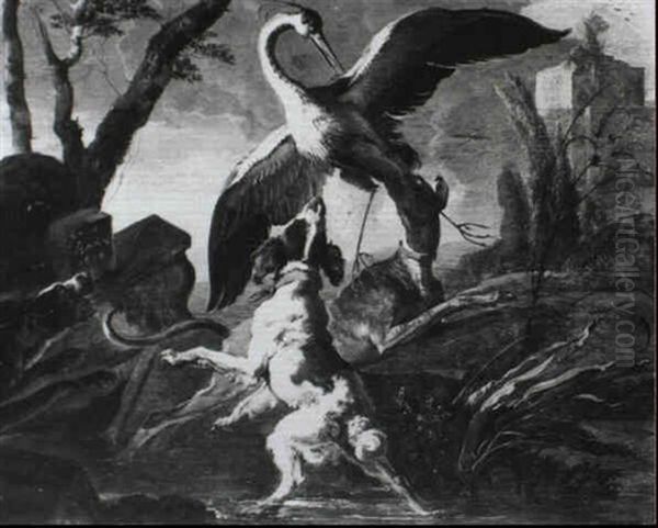 Hounds Attacking A Crane Oil Painting by Abraham Danielsz Hondius