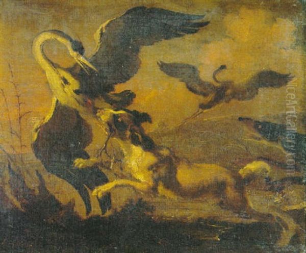 Dogs Attacking Herons Oil Painting by Abraham Danielsz Hondius