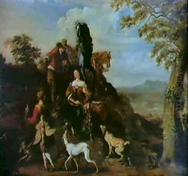 A Falconer And His Companion Resting On A Bank At A Roadside With Their Two Horses, Hounds And A Bag... Oil Painting by Abraham Danielsz Hondius