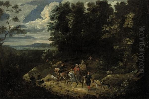 A Hunting Party In A Wooded Landscape Oil Painting by Lambert de Hondt the Younger