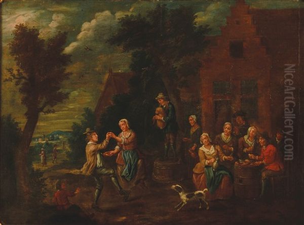 Merriment Outside A Tavern Oil Painting by Lambert de Hondt