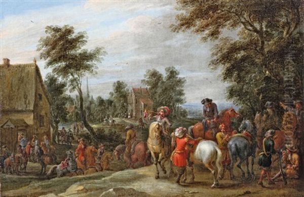 Dorflandschaft Mit Aufbruch Zur Jagd Oil Painting by Lambert de Hondt