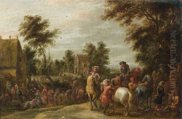 Le Depart Des Cavaliers Dans Un Village Des Flandres Oil Painting by Lambert de Hondt