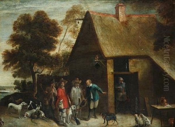 Huntsmen And Their Dogs Gathered Outside A Country Inn Oil Painting by Lambert de Hondt