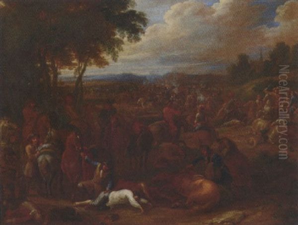 A Wooded Landscape With A Cavalry Skirmish Oil Painting by Lambert de Hondt