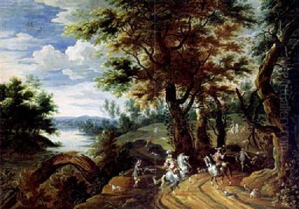 Grose Bewaldete Fluslandschaft Mit Der Heimkehr Von Der Jagd Oil Painting by Lambert de Hondt