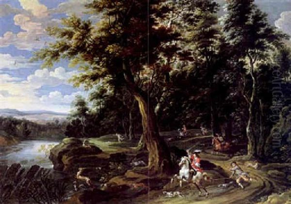 Grose Bewaldete Fluslandschaft Mit Hirschjagd by Lambert de Hondt